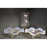 Two partially opaque Victorian fluted glass bowls of textured form and a similar vase.