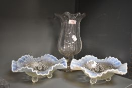 Two partially opaque Victorian fluted glass bowls of textured form and a similar vase.