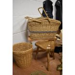 A woven wicker picnic hamper, woven wicker waste paper basket, crochet stool and three legged