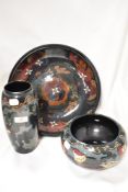 Three early 20th century pieces of Decoro pottery including vase, bowl and large fruit bowl.