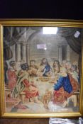 A Victorian type polychrome embroidered religious scene 'The Last Supper', within a modern moulded