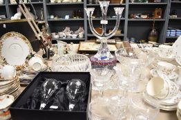 A selection of glass, including Villeroy and Boch candlestick, cut glass tumbler, and etched wine