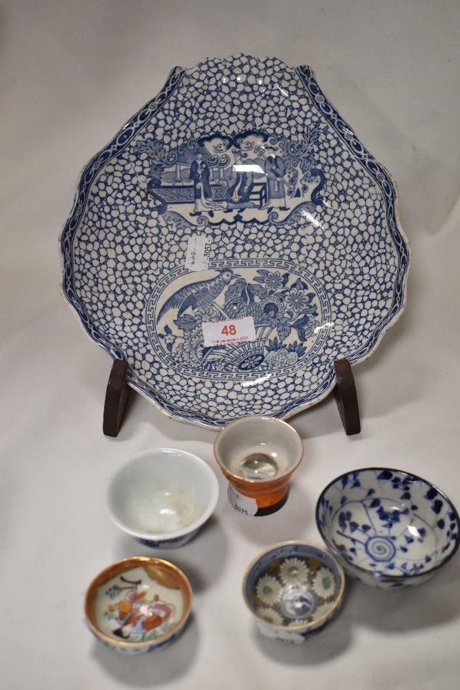 A selection of oriental ceramics including small porcelain tea bowls and an Adams dish AF