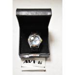 A Modern AVI 8 mens wristwatch with blue dial, leather strap, original case and certificate