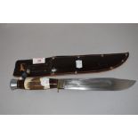 A hunter knife having leather sheath with bone handle 34cm long