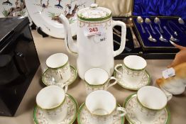 A set of six Bistro England coffee cans and saucers, also coffee pot having green band and gilt swag
