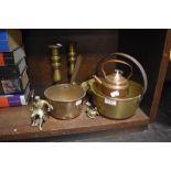 A selection of brass and copper wares, to include a small preserve pan with over handle, brass