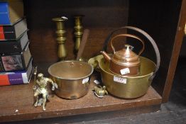 A selection of brass and copper wares, to include a small preserve pan with over handle, brass