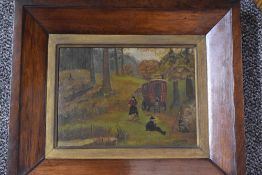 E R Ellinson, (19th century), an oil painting, gypsy encampment, naive painting, signed, 20 x