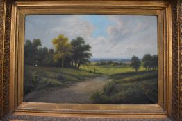 (19th century), an oil painting, English country landscape with church, 49 x 79cm, gilt plaster