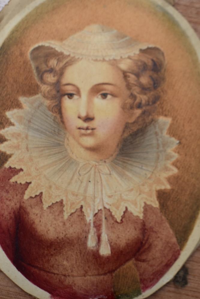 E Bamber, (19th century), a watercolour, Mary Queen of Scots, attributed verso, 10 x 7cm, oval, gilt