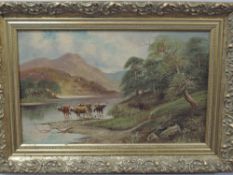 R Davis (19th/20th century), an oil painting, Highland cattle Loch Leven, signed and attributed