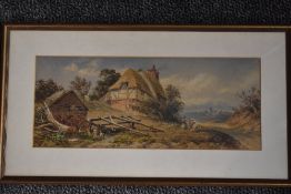 H Johnson, (19th century), a watercolour, thatched cottage, signed-twice, 19 x 46cm, later mounted