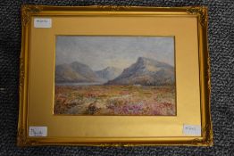 J Shields, (20th century), attributed to, mountains and moorland, 17 x 26cm, gilt effect mounted