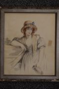 (19th/20th century), a watercolour, bonnet lady holding jug, 30 x 24cm, fancy framed and glazed,
