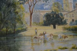 W Gray, (19th/20th century), a watercolour, fifty shades, cathedral and cows, indistinctly signed,
