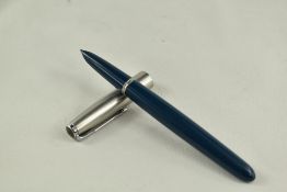 A Parker 51 aeromatic fill fountain pen in teal with lustiloy cap. Approx 13.8cm in very good