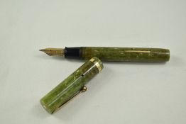 A Sheaffer Lifetime Flat Top lever fill fountain pen in jade with single broad band and white spot