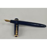 A Parker Duofold Senior aeromatic fill fountain pen in blue, having decorative band to the cap