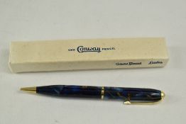 A boxed Conway Stewart 25 propelling pencil in blue marble with gold veining, very good condition