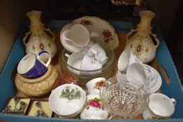 A pair of Crown Devon vases also a part tea set decorated in pink roses and glassware etc.