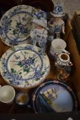 A selection of plates and figurines including Royal Doulton also Wedgwood 'Cornflower' and Meakin as