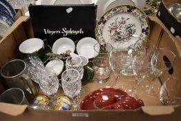 A box of a variety of items including Apilco part tea service, two pewter tankards, flatware and