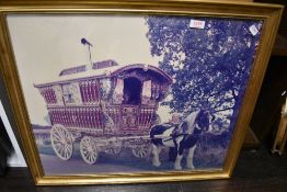 A large glazed picture of a Romany pony and caravan.