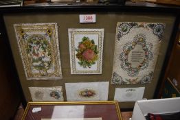 A set of framed Sweet heart cards, a woven silk Queen Elizabeth coronation picture and similar