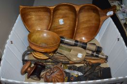 A selection of treen items including needle holders and rulers etc.
