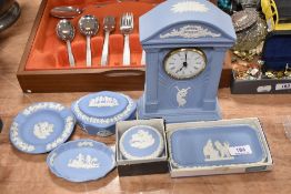 A small selection of 20th century Wedgwood Jasper wares including mantel clock