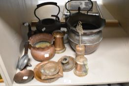 A selection of copper wares including planters, two stove kettles, tankards and dishes