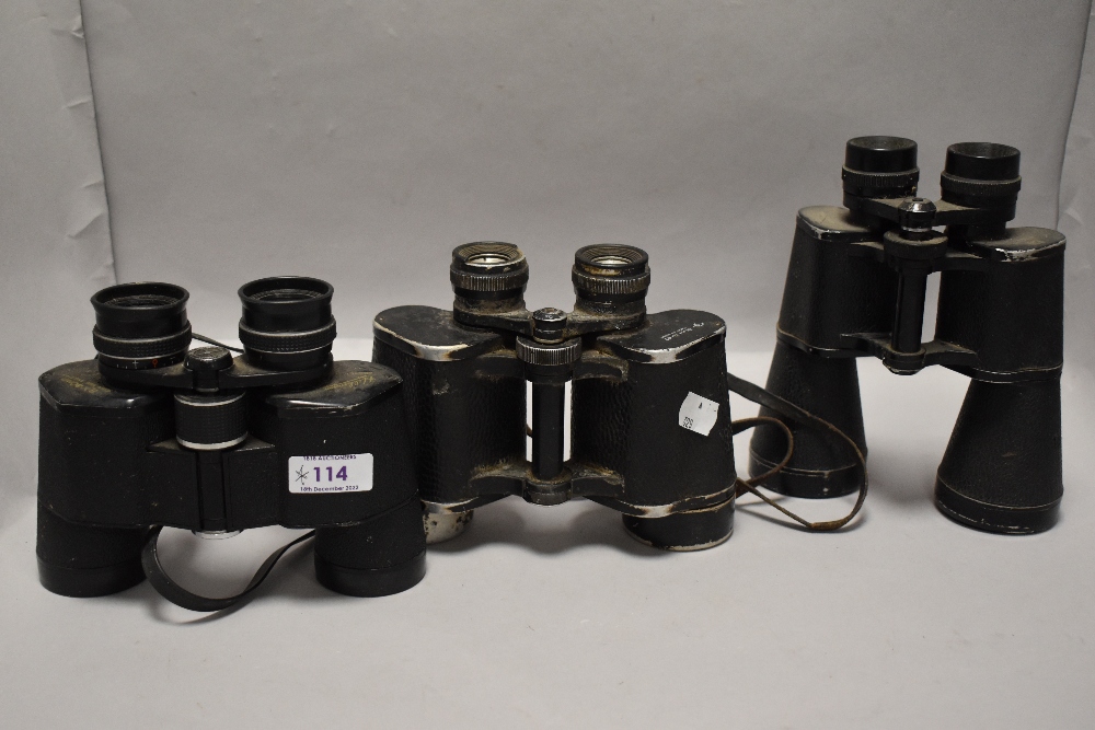 Three pairs of binoculars including USSR 12x40, Hilkinson 8x40 and Regent 12x50