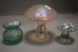 A selection of modern art glass including Heron iridescent green squat vase, a mushroom and a larger