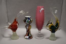 Four pieces of mid century studio art glass including Jaffe Rose vase, fish and bird studies and a