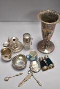 A small box of silver plated wares including chamber stick, vase and a double smelling salts