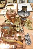 A selection of metal wares including square hammered copper tray, brass horse figure, silver