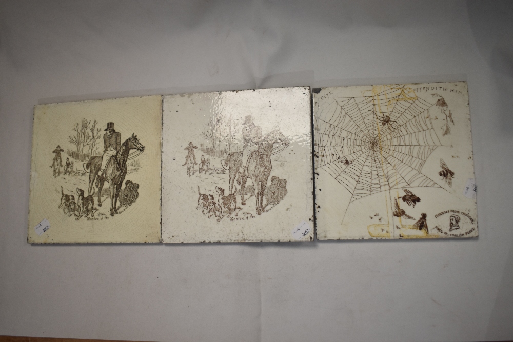 Three Victorian Wedgwood tiles including two Master of the Hunt and A Flye Offendith Him AF - Image 2 of 5