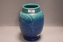 A late Victorian Arts and Crafts Pilkingtons Royal Lancastrian vase having a two tone green and blue