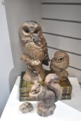 Four Poole Pottery animal figure studies including a large owl, little owl, squirrel and a frog