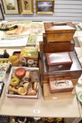 A good collection of treen wood cases including a tea caddy AF, a Walnut veneered writers case and
