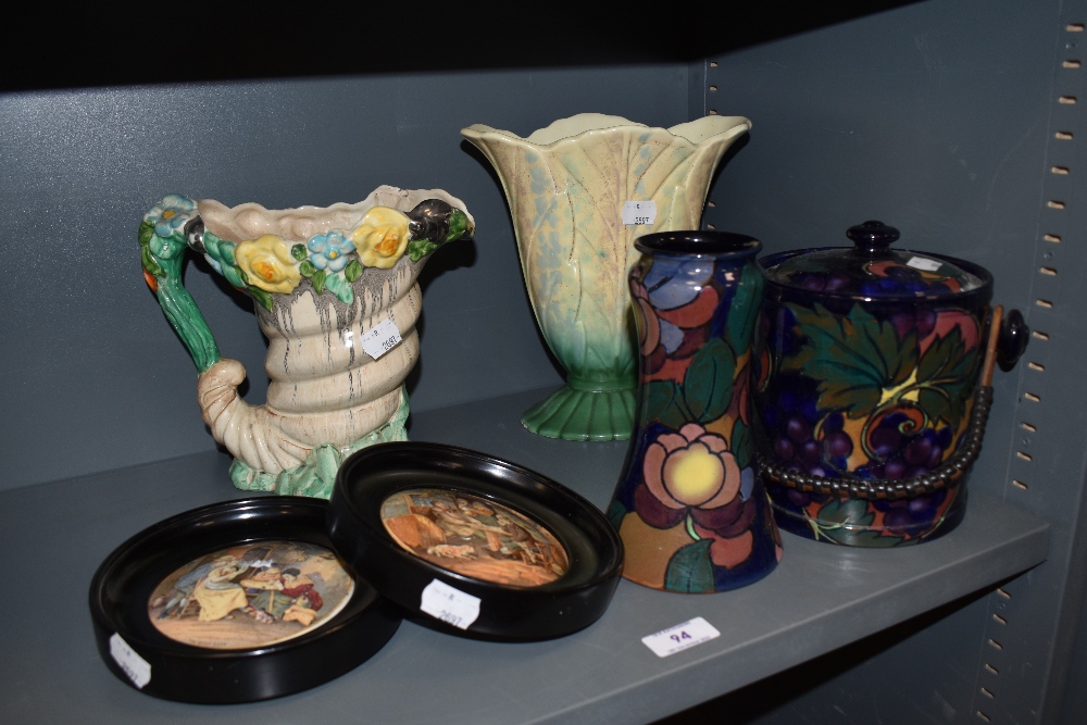 A selection of early 20th century pottery including Royal Stanley ware biscuit barrel and vase, a