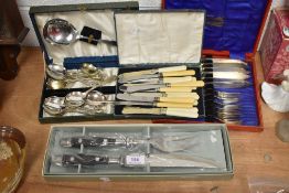 Three sets of vintage assorted cutlery and flatwares with a Gallo design carving set