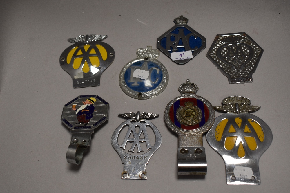 A selection of motor car hood badges including RAC, AA, Younger motor club and Royal Engineers