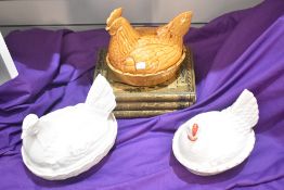 Three vintage ceramic chicken form egg holders including Portmeirion and Westfield Art Pottery