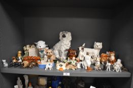 A large collection of ceramic cat and dog figure studies including half a bookend, pipe holder and