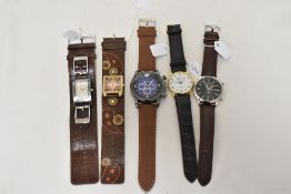 Five mens watches all having brown straps, including Oasis and Ravel.