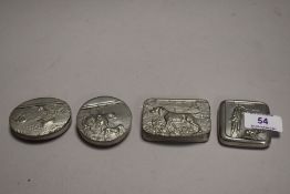 Four modern polished pewter snuff boxes having hunting and shooting themes