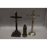 Two Catholic or Christian crucifix and a metal cast Virgin Mary figure