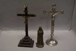 Two Catholic or Christian crucifix and a metal cast Virgin Mary figure